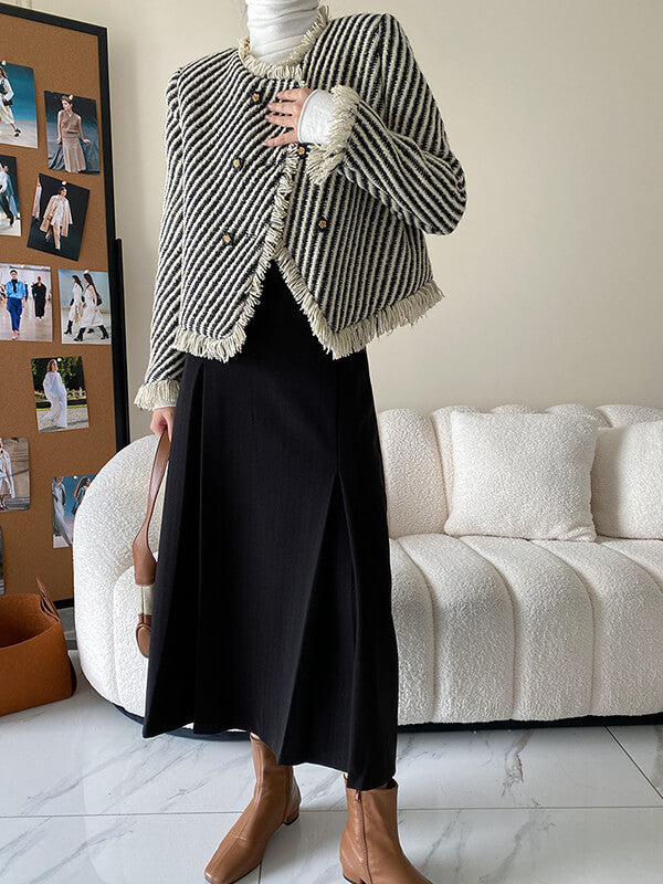 Derpai Kurze Tweedjacke mit Fransen Streifen und Taschen Damen elegant