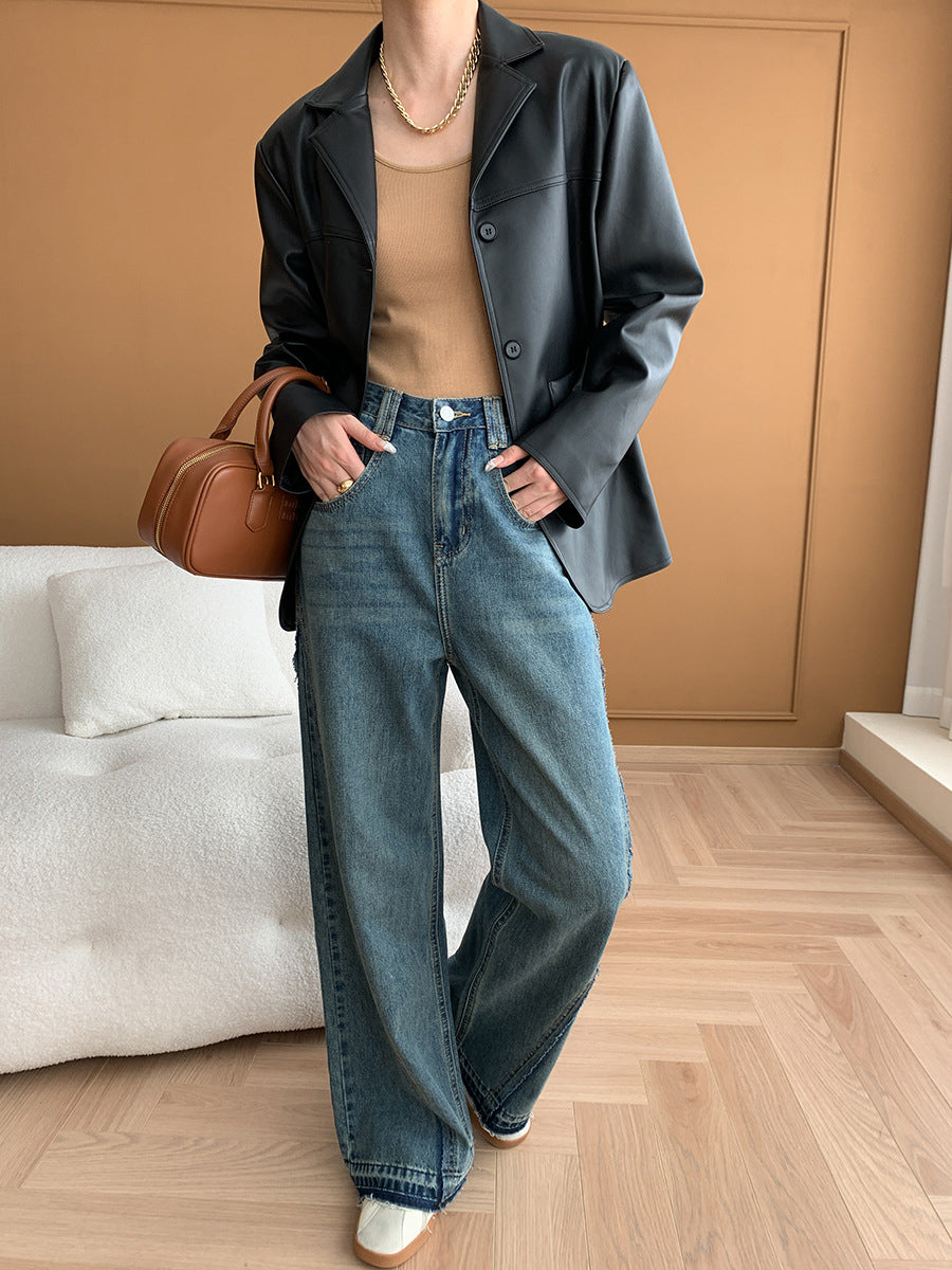 Derpai Lange Schlagjeans im Vintage-Stil mit Taschen und Reißverschluss Damen
