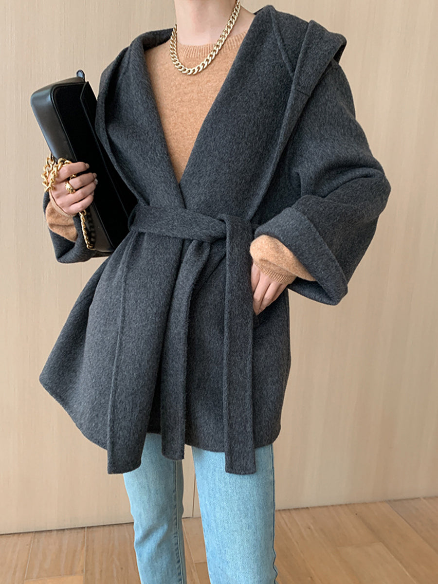 Derpai Modischer Wollmantel mit Gürtel und Kapuze Damen