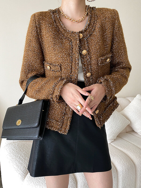 Derpai Kurze Tweedjacke mit Knöpfen Rundhalsausschnitt und Taschen Damen