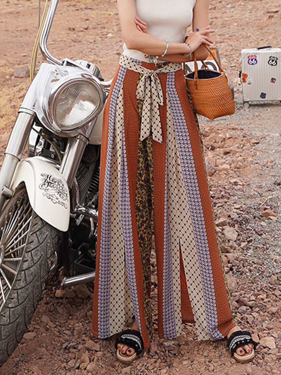 Derpai Lange weite Schlaghose mit Schlitz Damen Boho-Stil