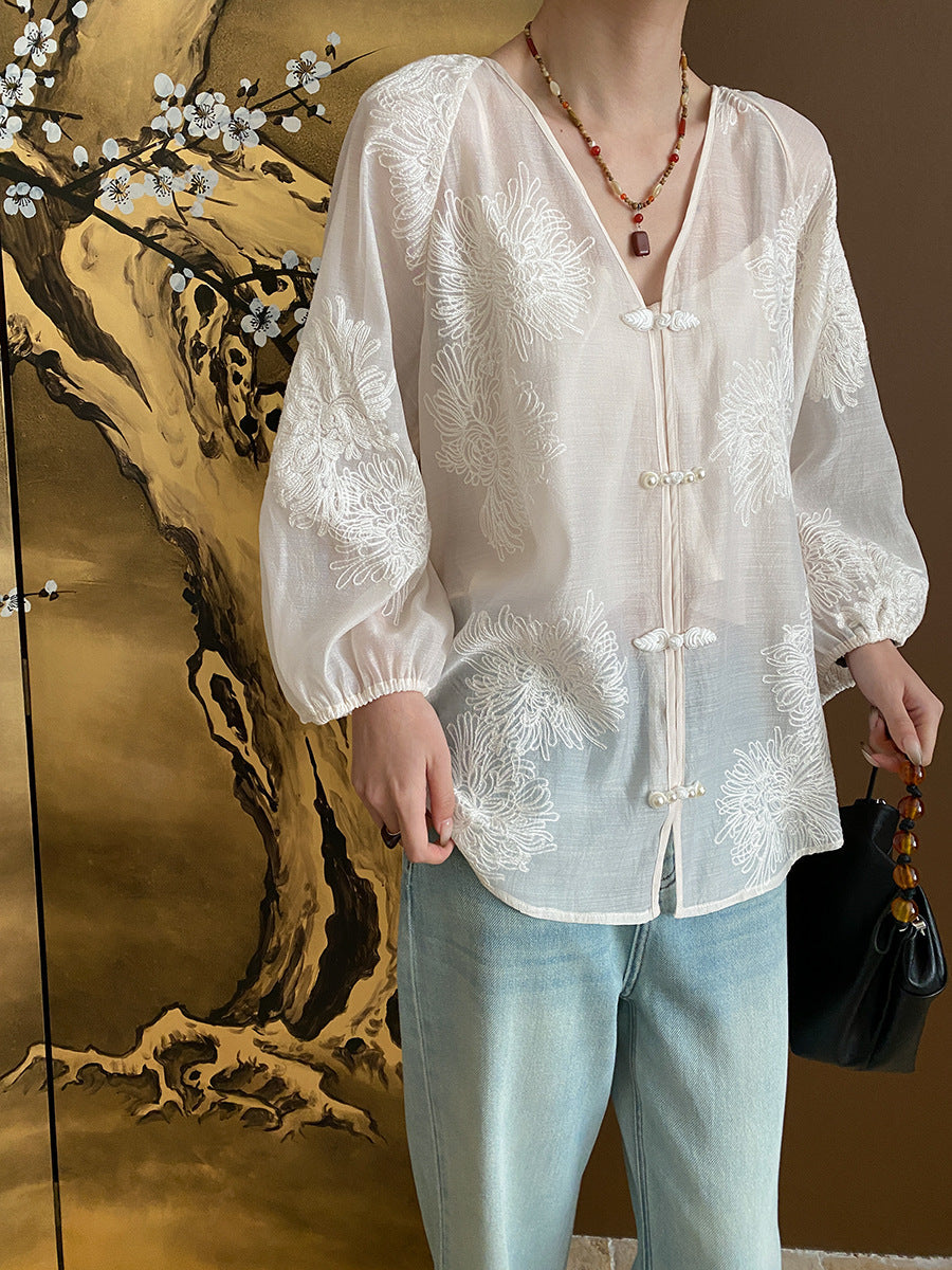 Derpai Bluse im 2-in-1-Stil mit chinesischen Knöpfen Stickerei und Schleife