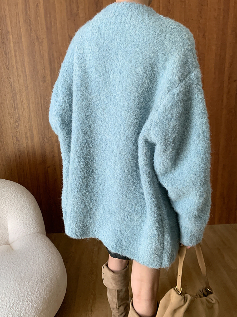 Derpai Strickjacke mit Knopfleiste Damen modisch Blau