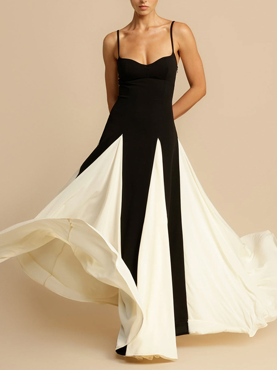 Derpai Zweifarbiges langes Kleid in Schwarz-Weiß dünne Träger elegant Abendmode
