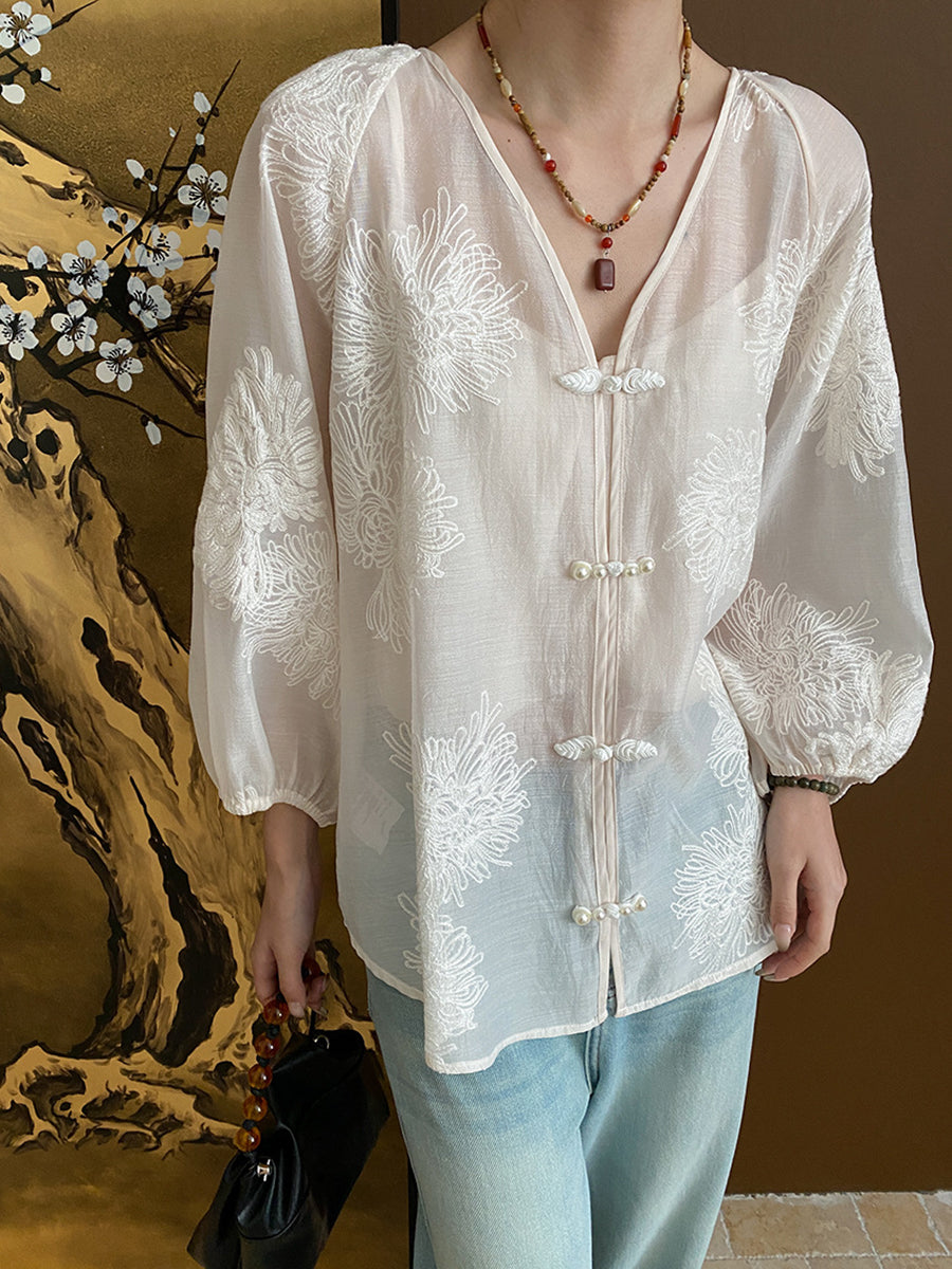 Derpai Bluse im 2-in-1-Stil mit chinesischen Knöpfen Stickerei und Schleife