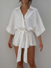 Derpai Kurzer Jumpsuit mit Gürtel Ellenbogenärmel lässig