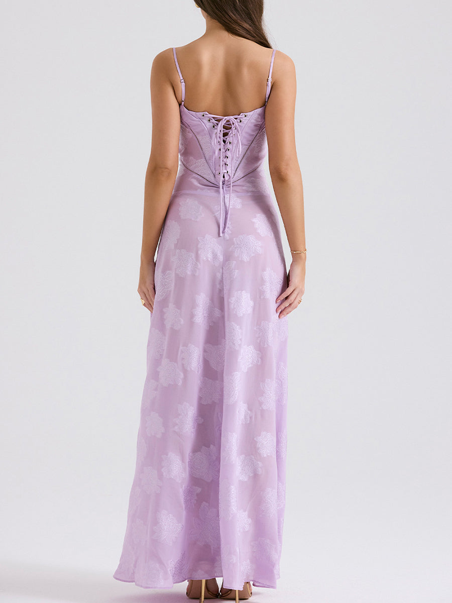 Derpai Elegantes langes Abendkleid mit Jacquardmuster und feinen Trägern – für Hochzeit