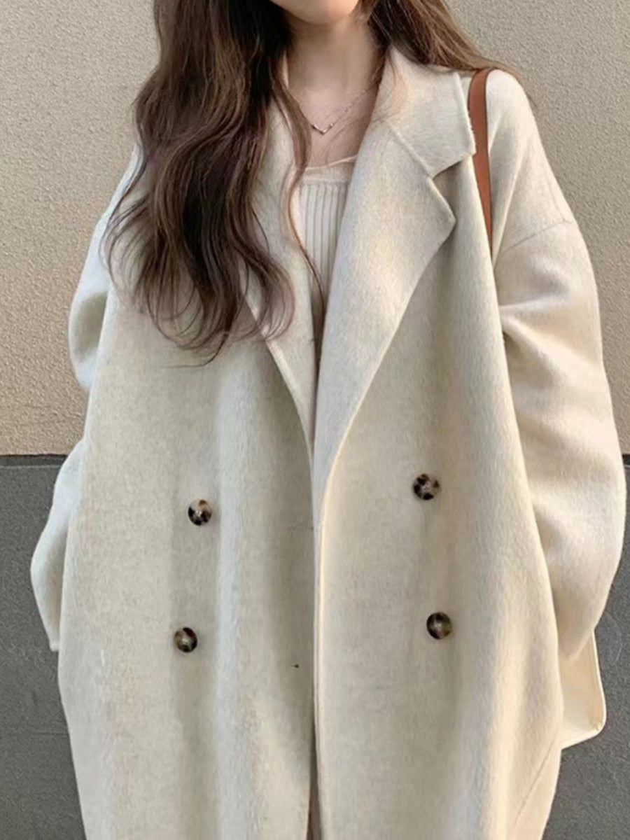 Derpai Langer Wollmantel mit doppelter Knopfleiste und Taschen Beige Damen