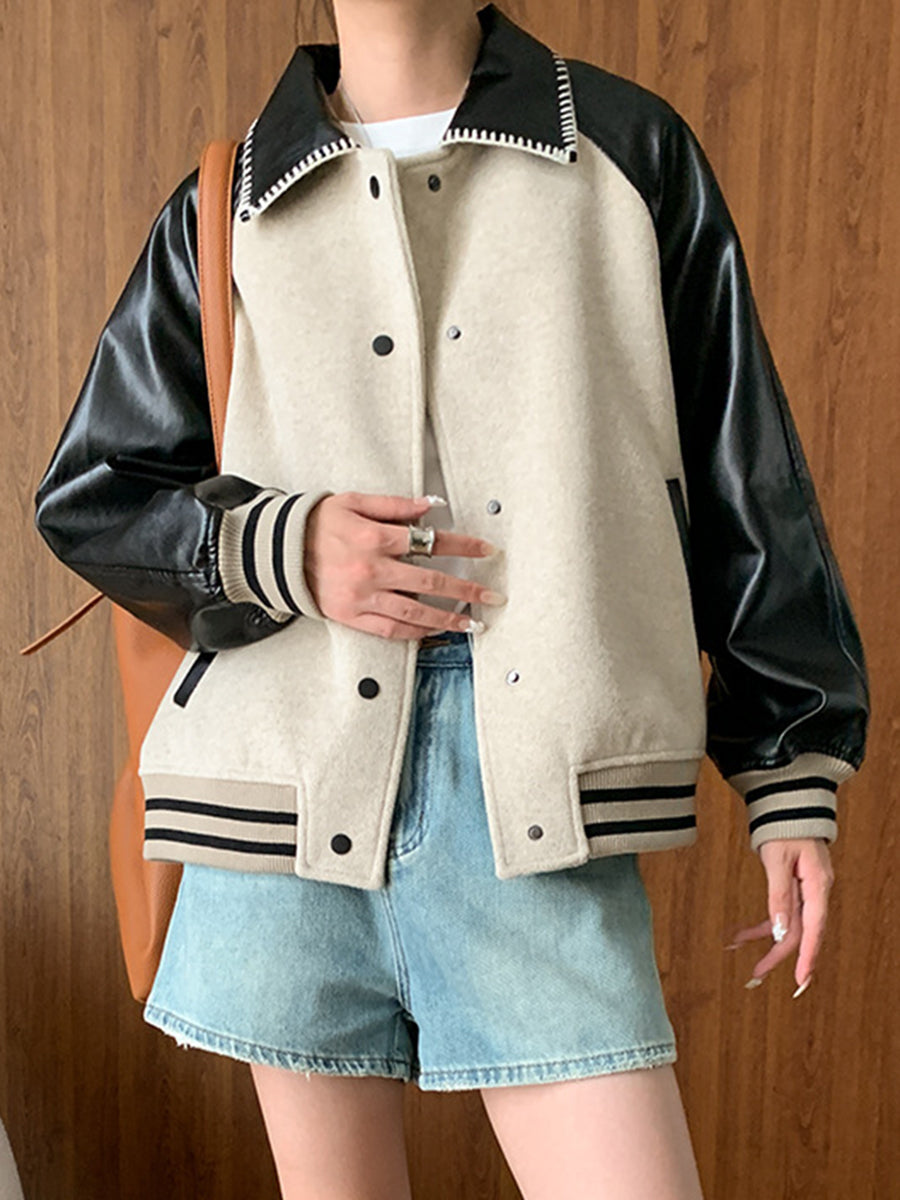 Derpai Wolljacke mit Kunstlederbesatz im Colour-Blocking Damen modisch