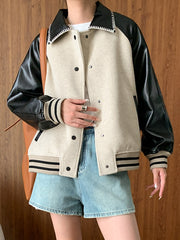 Derpai Wolljacke mit Kunstlederbesatz im Colour-Blocking Damen modisch