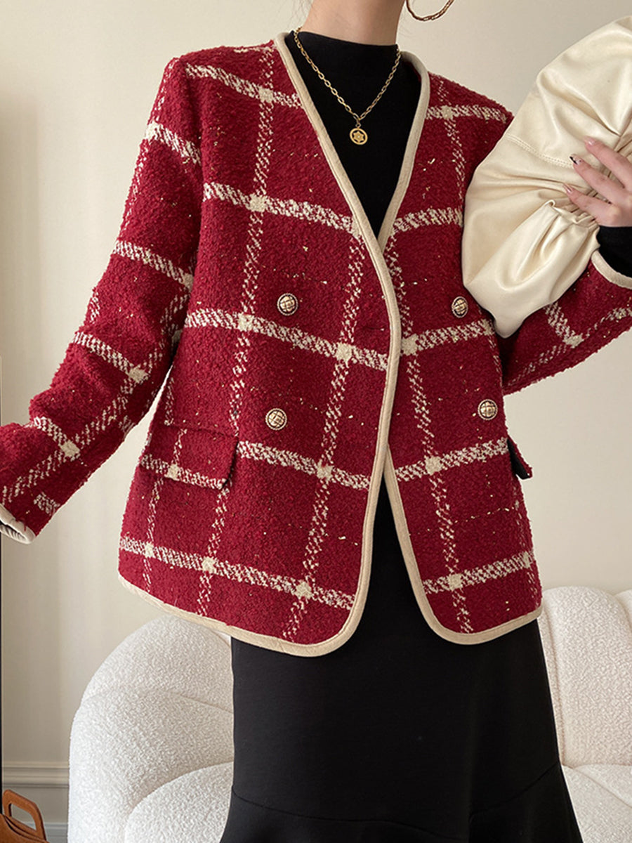 Derpai Tweedjacke mit Steppfutter Karomuster doppelreihige Knopfleiste Damen
