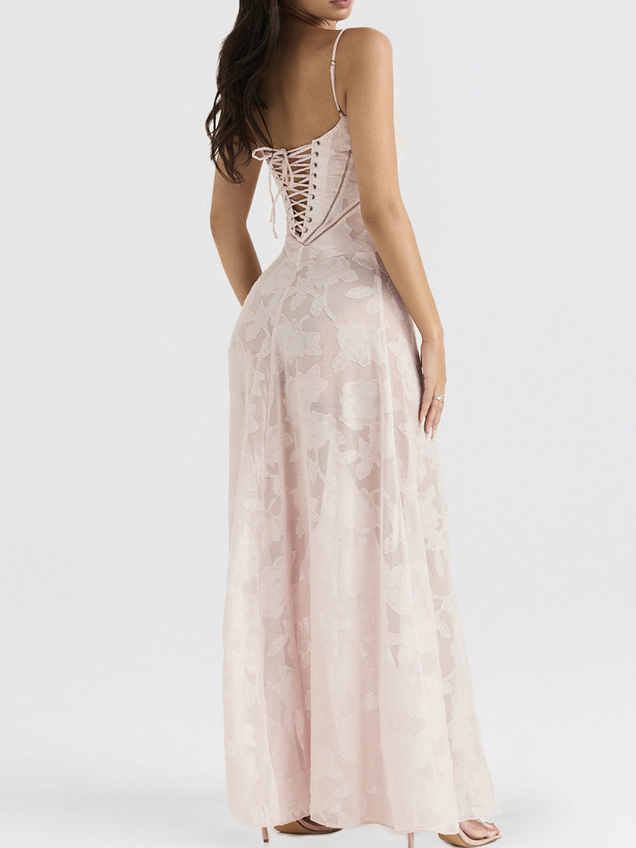 Derpai Elegantes langes Abendkleid mit Jacquardmuster und feinen Trägern – für Hochzeit