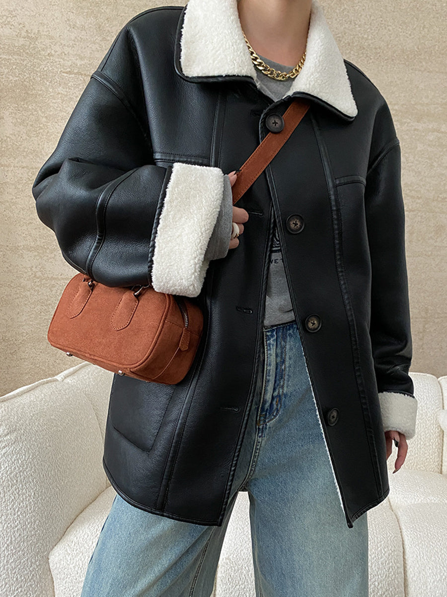 Derpai Fliegerjacke aus Kunstleder wendbar Knopfleiste Damen