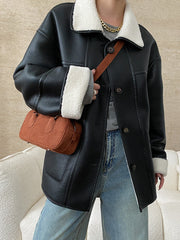 Derpai Fliegerjacke aus Kunstleder wendbar Knopfleiste Damen