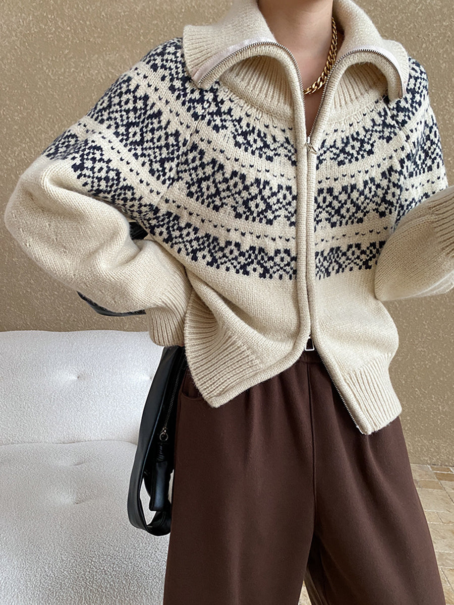 Derpai Jacquard-Pullover mit Reißverschluss Damen Vintage Weihnachten