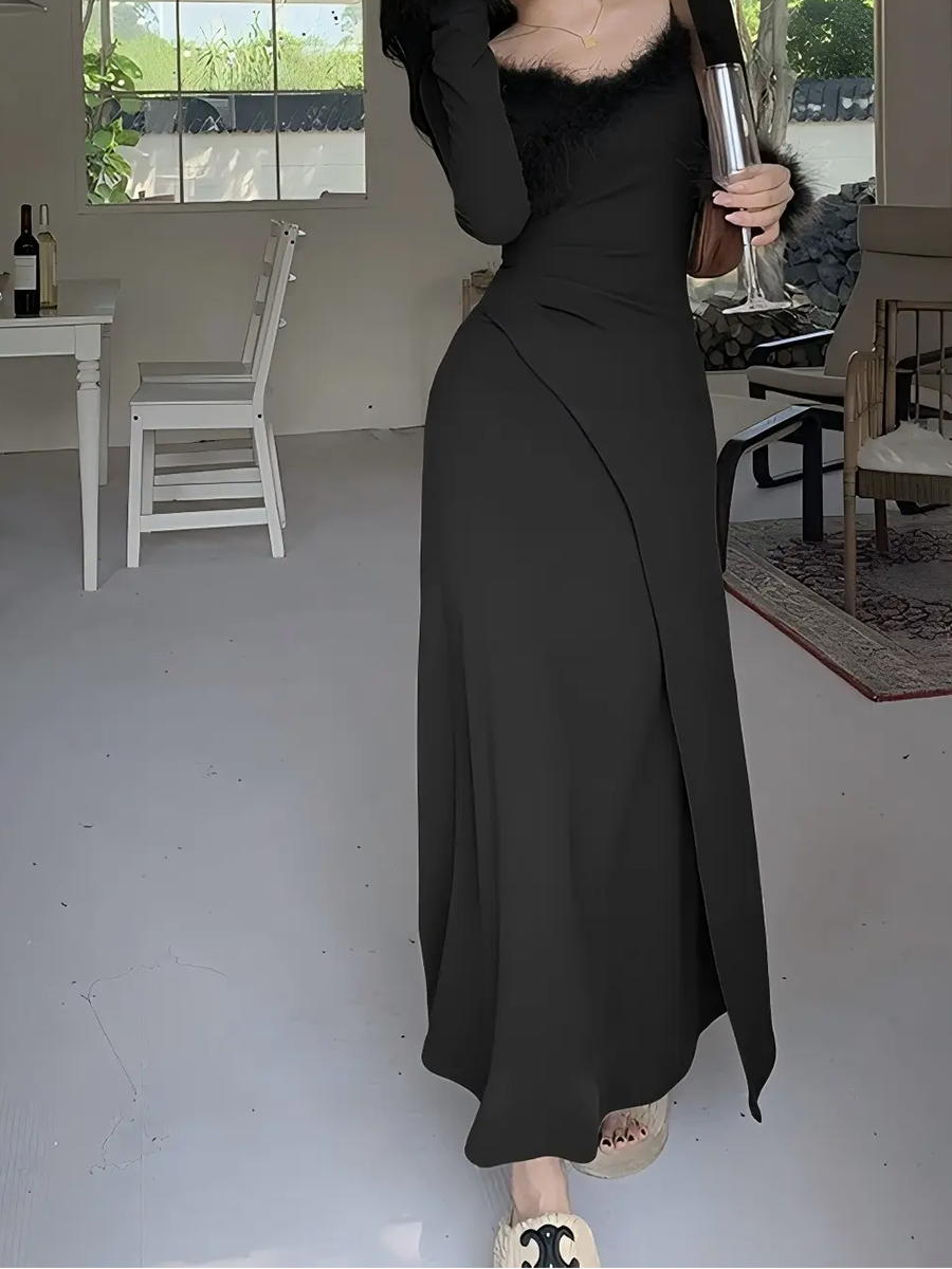 Derpai Elegantes Slim-Kleid mit V-Ausschnitt und langen Ärmeln