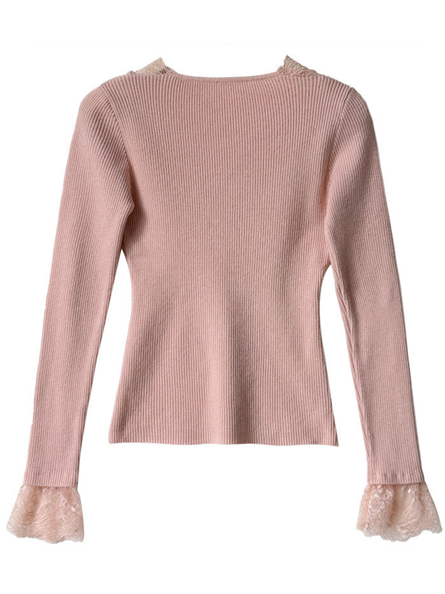 Derpai Strickpullover mit Spitzenmuster V-Ausschnitt ausgestellte Ärmel elegant