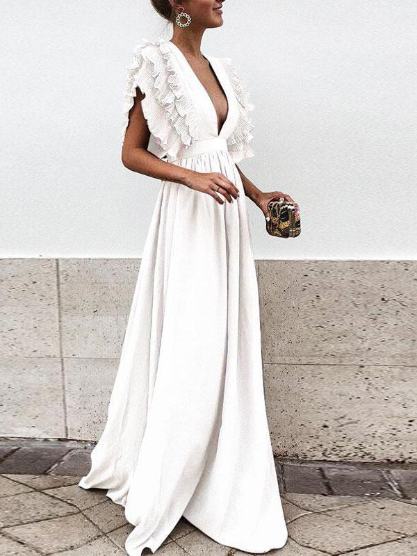 Derpai Maxi-Abendkleid mit Volants & tiefem Ausschnitt – für Hochzeit
