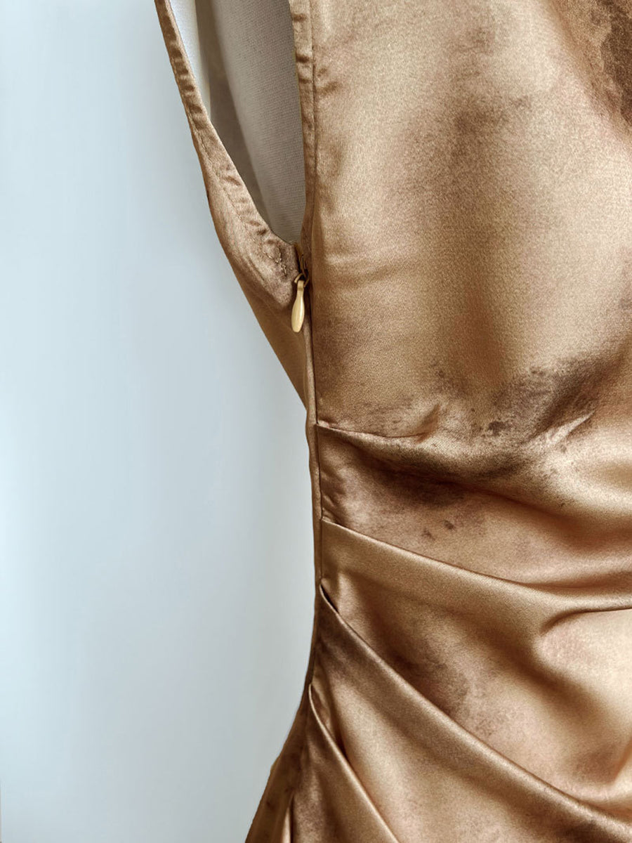 Derpai Elegantes ärmelloses Qipao-Cheongsam aus goldenem Satin