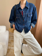 Derpai Jeansjacke in Blau mit Knopfleiste und Taschen Hemdkragen Damenmode