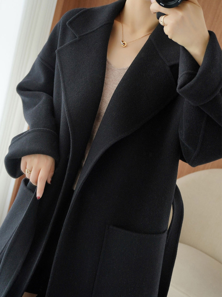Derpai Langer Wollmantel mit Taschen und Gürtel Damen