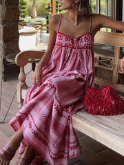 Derpai Rosa gestreiftes langes Trägerkleid im Boho-Stil mit Rückenausschnitt – Urlaub & Alltag