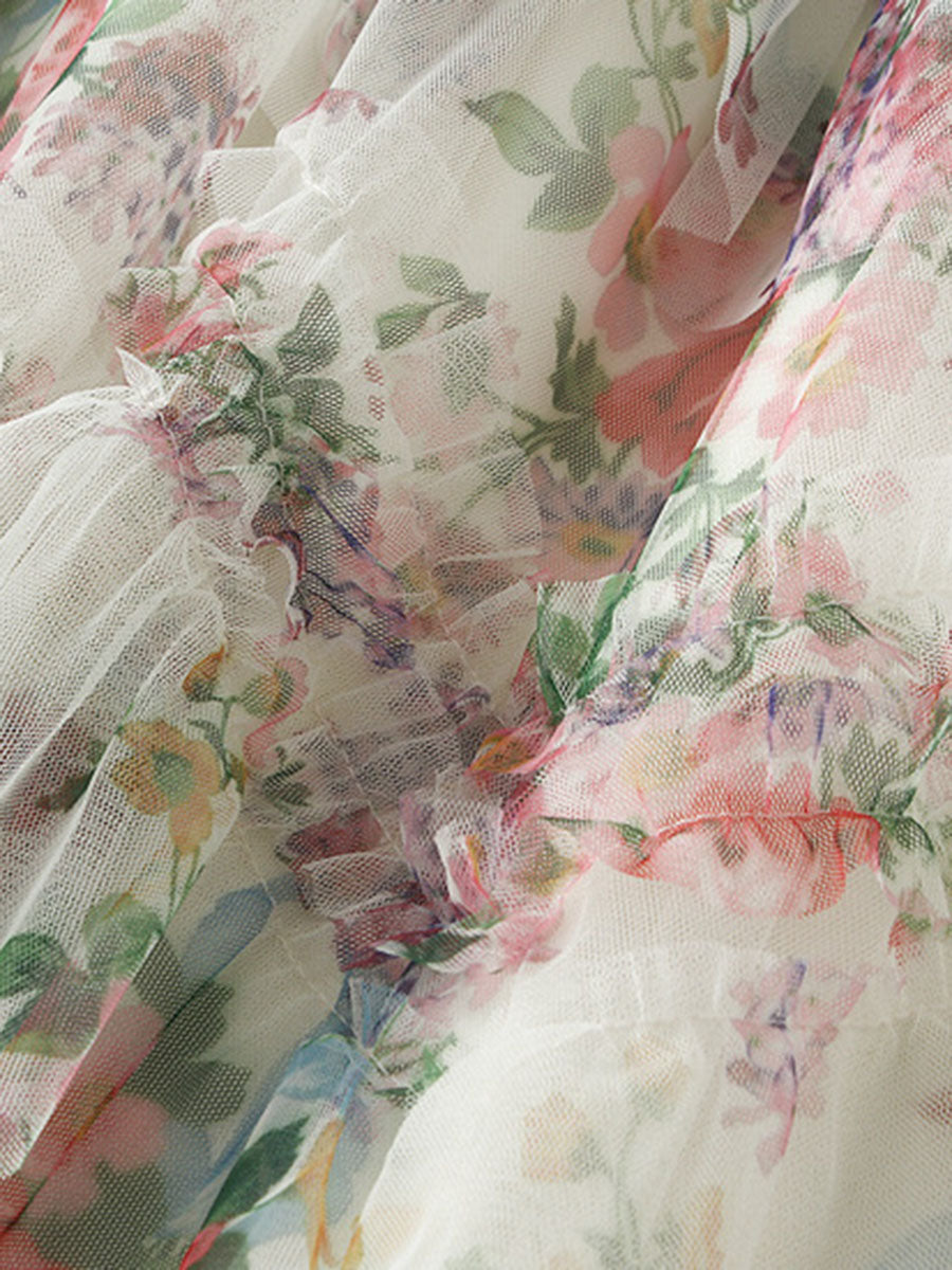 Derpai Langer Tüllrock mit Blumenprint Damen
