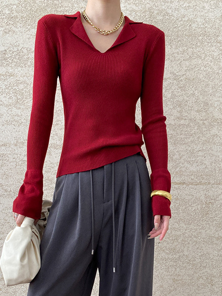 Derpai Figurbetonter Strickpullover mit Polokragen Damen