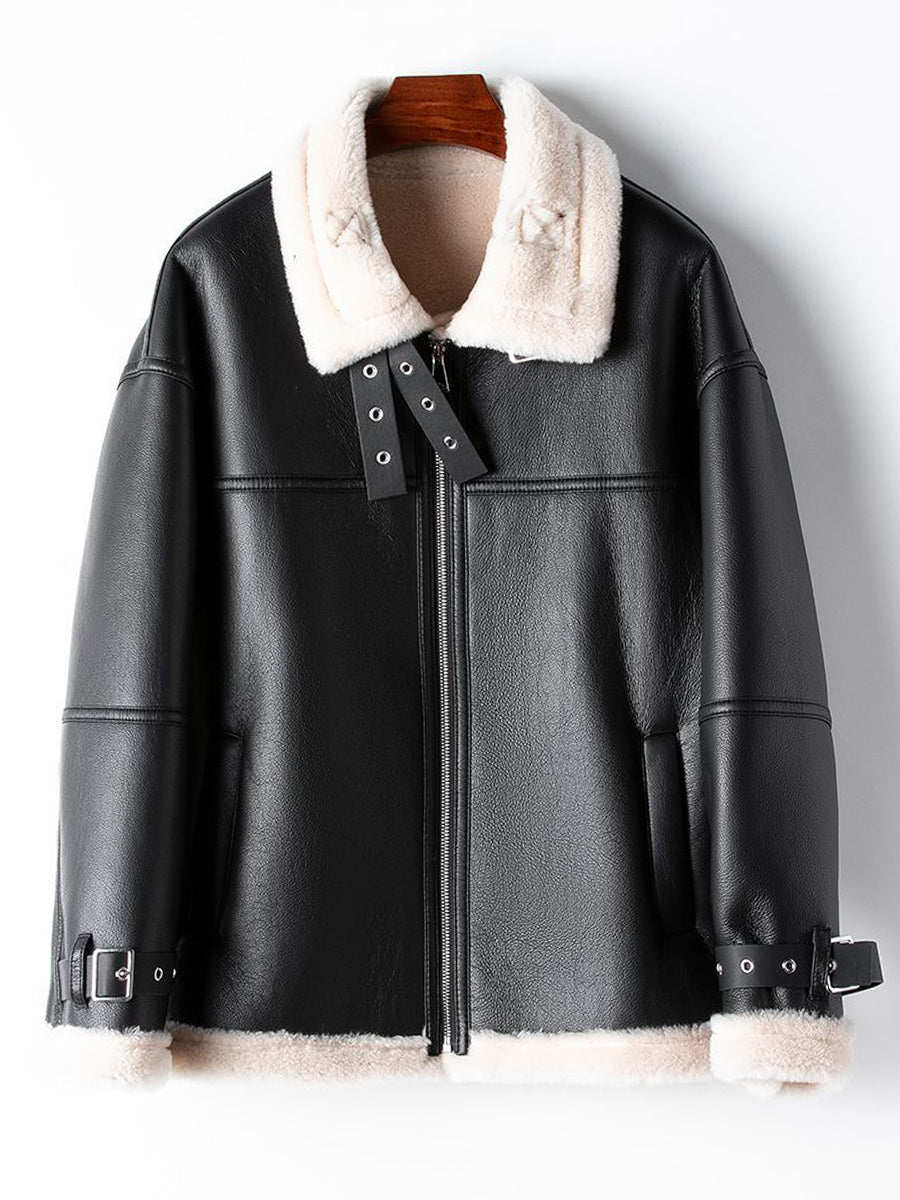 Derpai Fliegerjacke aus Kunstleder mit Reißverschluss Damen Winter