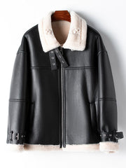 Derpai Fliegerjacke aus Kunstleder mit Reißverschluss Damen Winter