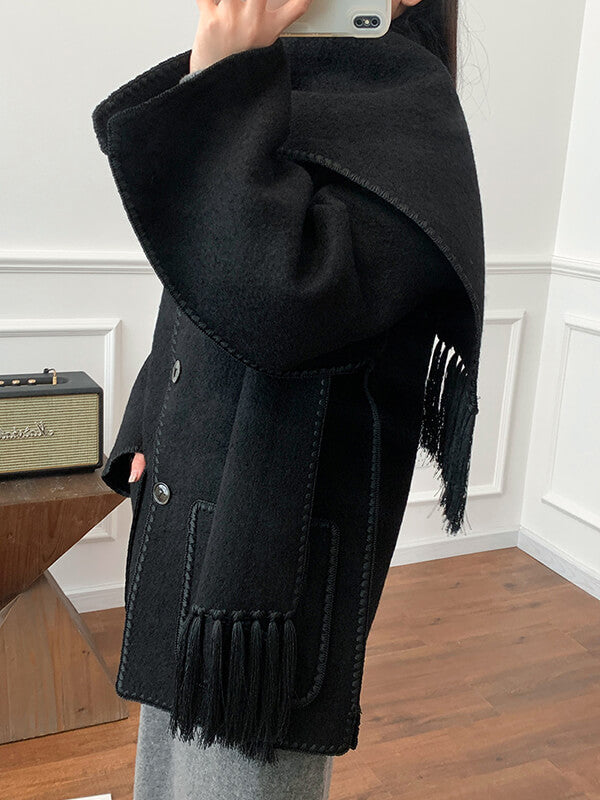 Derpai Modischer Wollmantel mit Fransen und Schal – Damenmode