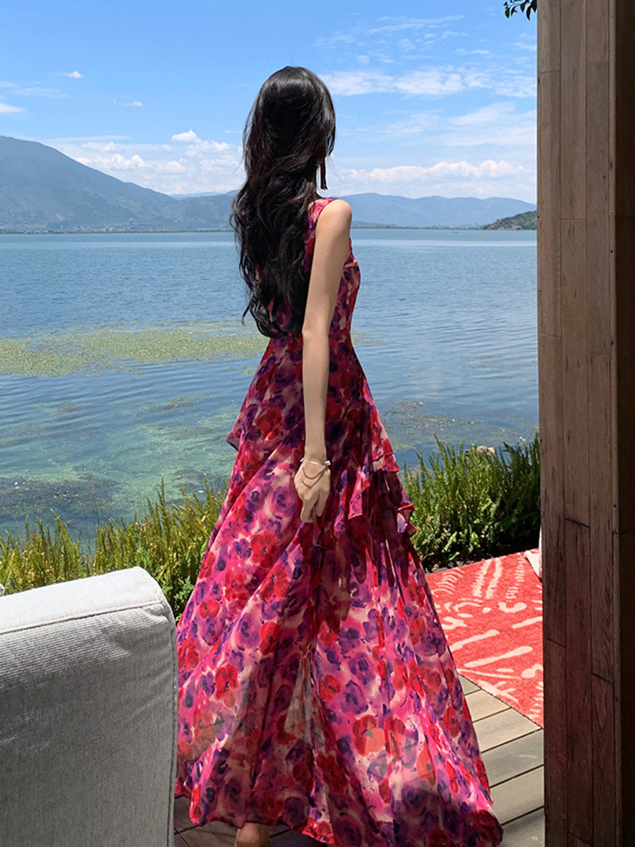 Derpai Langes Maxikleid aus Chiffon mit Blumenprint und Schlitz