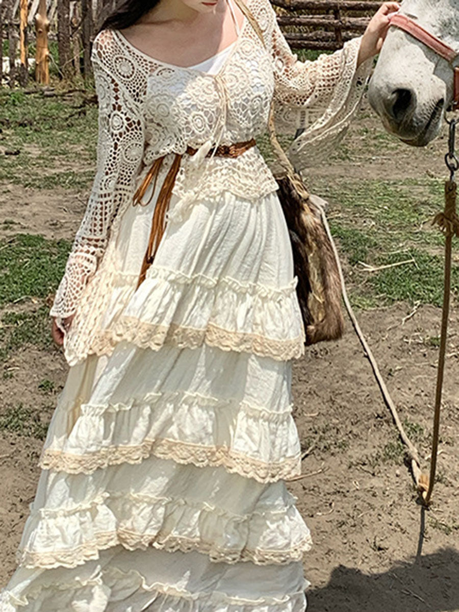 Derpai Langer Boho-Rock im Lagenlook aus Spitze Apricot Damen