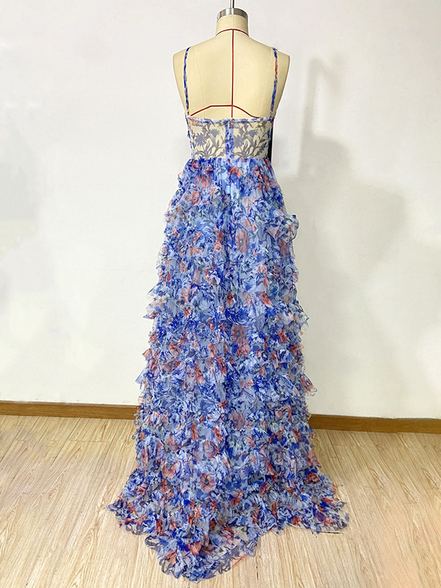 Derpai Langes Chiffonkleid mit Blumenprint und Rückenausschnitt Blau – für Hochzeit