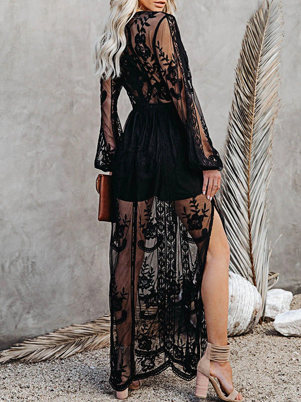 Derpai Langes Spitzenkleid mit Schlitz & V-Ausschnitt Boho-Stil