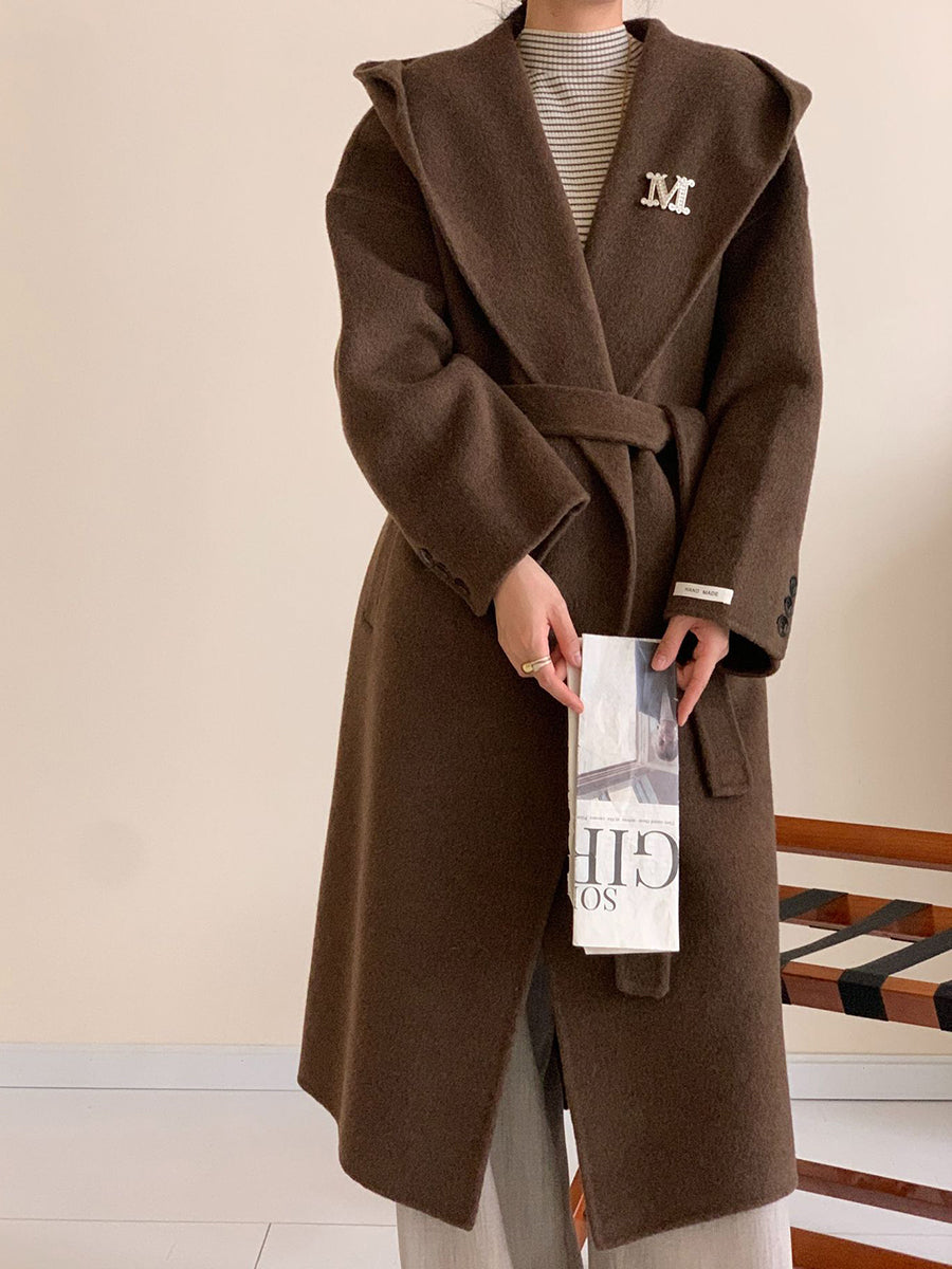 Derpai Langer Wollmantel mit Taschen Gürtel und Kapuze Damen