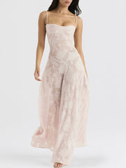 Derpai Elegantes langes Abendkleid mit Jacquardmuster und feinen Trägern – für Hochzeit