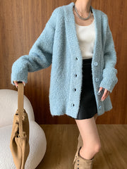 Derpai Strickjacke mit Knopfleiste Damen modisch Blau