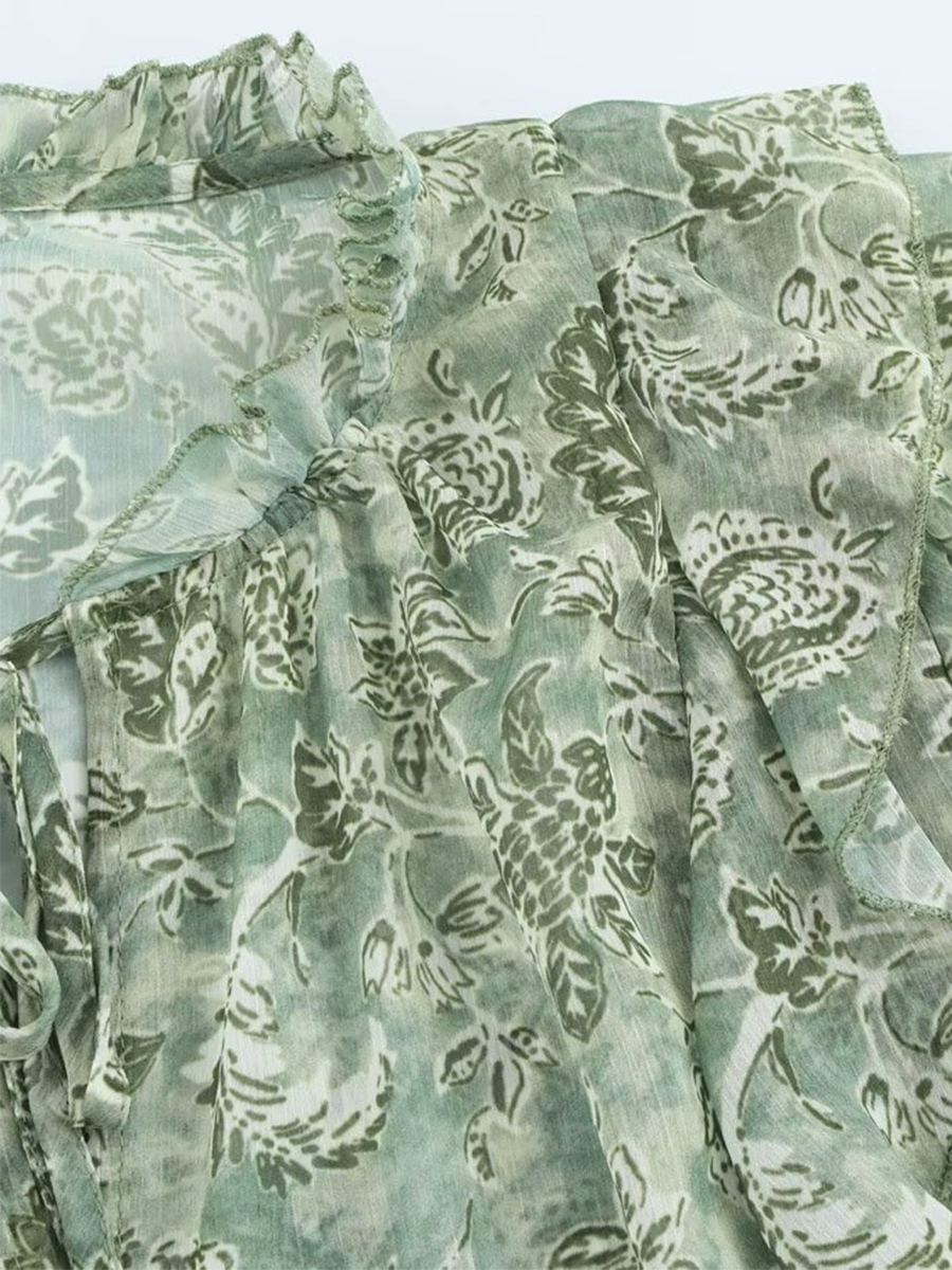 Derpai Bluse mit Puffärmeln Chiffon Blumenprint Jabotkragen grün
