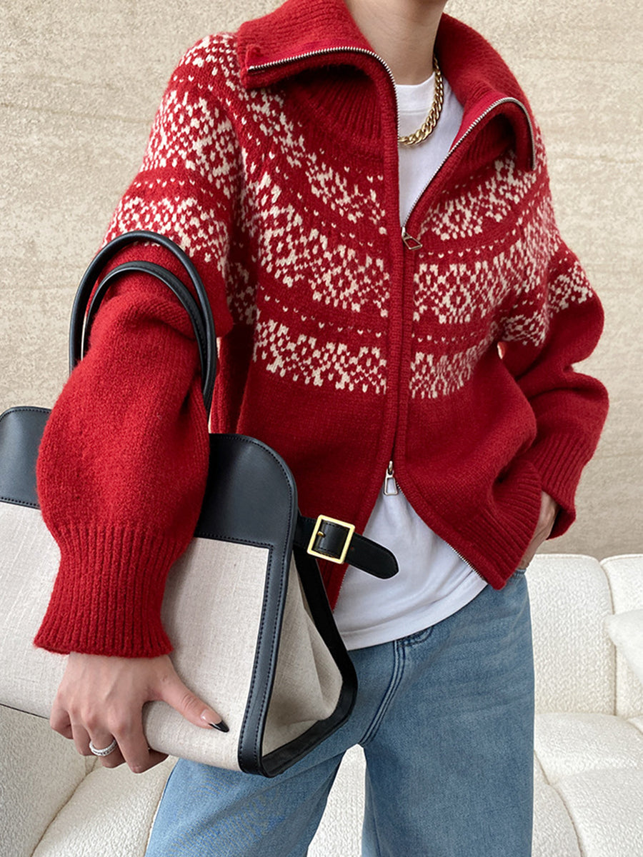 Derpai Jacquard-Pullover mit Reißverschluss Damen Vintage Weihnachten