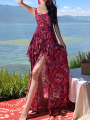 Derpai Langes Maxikleid aus Chiffon mit Blumenprint und Schlitz