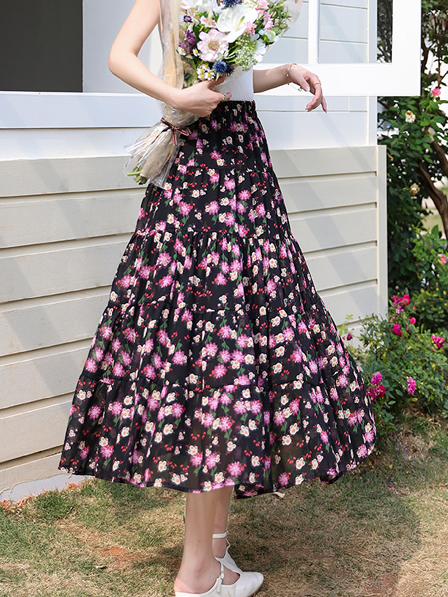 Derpai Boho-Maxirock aus Chiffon mit Blumenprint & Gummibund