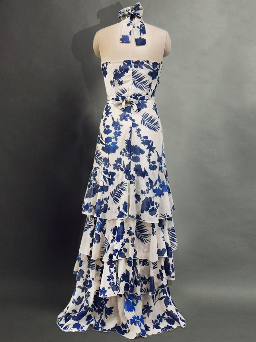 Derpai Elegantes langes Boho-Kleid mit Blumenprint Neckholder & Rüschen-Saum – für Urlaub & Ball