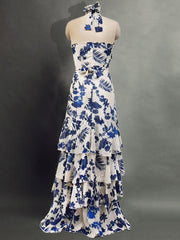 Derpai Elegantes langes Boho-Kleid mit Blumenprint Neckholder & Rüschen-Saum – für Urlaub & Ball