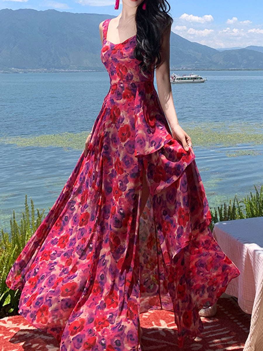 Derpai Langes Maxikleid aus Chiffon mit Blumenprint und Schlitz