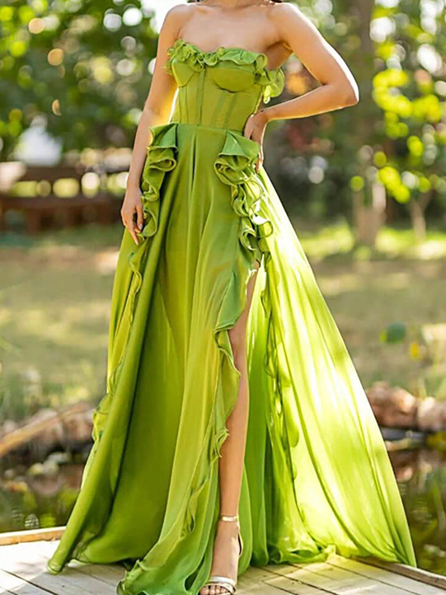 Derpai Grünes Bustierkleid mit Schlitz & Rüschen – für Hochzeit