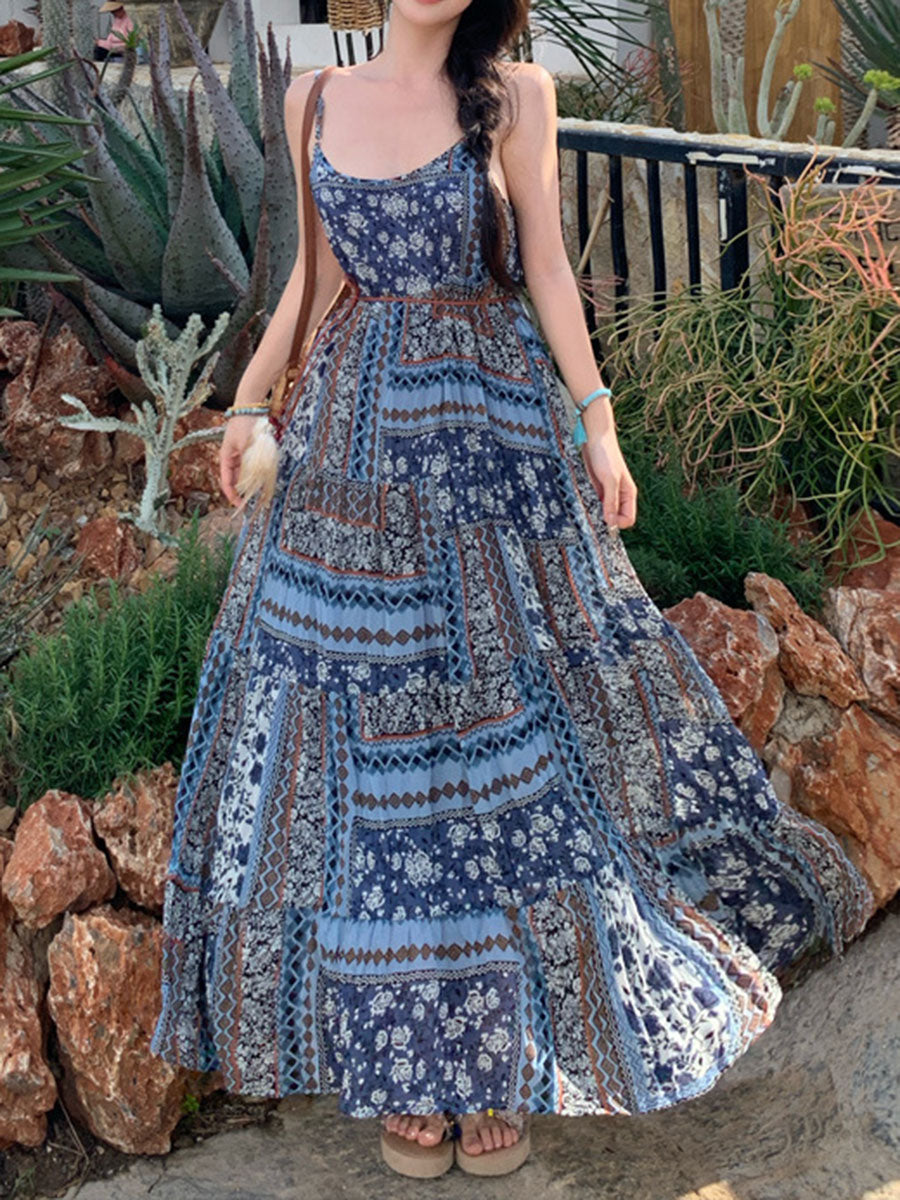 Derpai Langes Boho-Kleid mit Blumenprint und feinen Trägern Blau