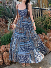 Derpai Langes Boho-Kleid mit Blumenprint und feinen Trägern Blau