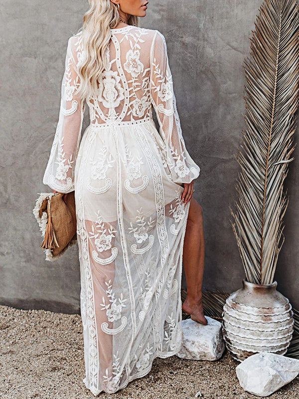 Derpai Langes Spitzenkleid mit Schlitz & V-Ausschnitt Boho-Stil
