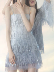 Derpai Mini-Cocktailkleid in Blau mit Strass und Fransen